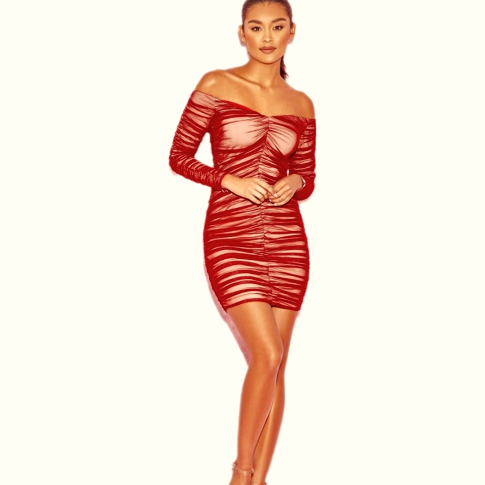 House Of Cb London Fifi Wine Red Bodycon Stretch Ruched Mini Dress. L Nwt